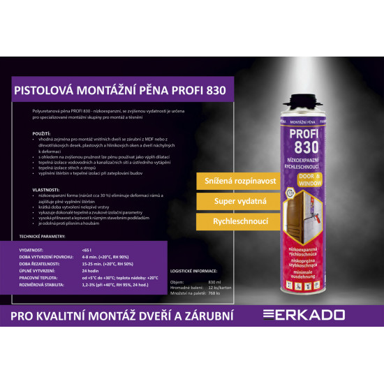 Pistolová montážní pěna PROFI 830 nízkoexpanzní Pistolová montážní pěna PROFI 830 nízkoexpanzní